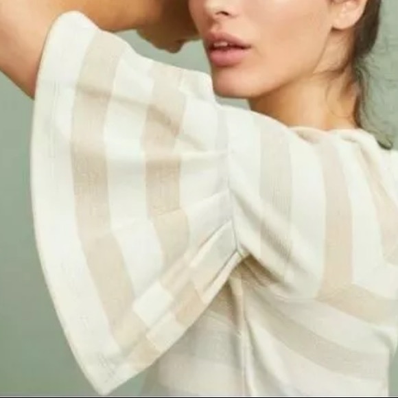 Anthro Maeve Metallic Shimmer Stripe Ruffle Bell Sleeve Blouse Top - Picture 4 of 9